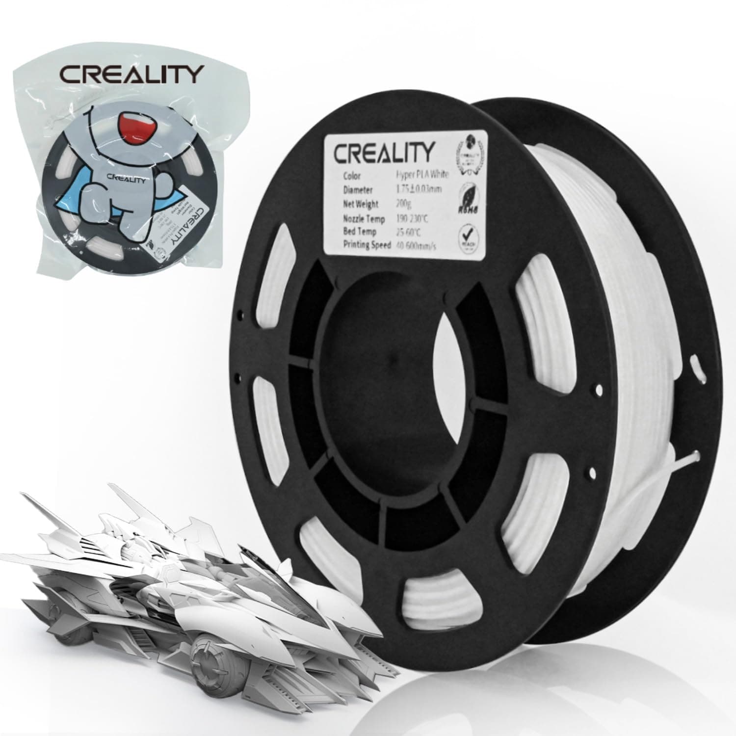 Creality 3D Printer PLA Filament 1.75mm Bundle 3 Packs (White,Black,Gray)