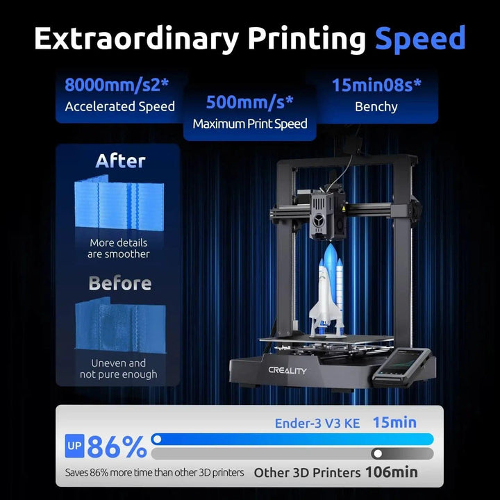 Creality Ender 3 V3 KE 3D Printer, 500mm/s High-Speed Printing, Print  Features:

【Ship From Amazon FBA Warehouse】Same shipping service with Amazon. Enjoy reliable performance and fast shipping with the Amazon FBA Warehouse.
【Smarter aCreality Ender 3 V3 KE 3D Printer, 500mm/3D Printer