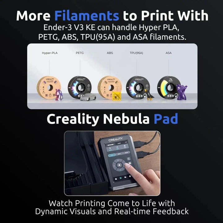 Creality Ender 3 V3 KE 3D Printer+Nebula Camera Combo Features:

【Ship From Amazon FBA Warehouse】Same shipping service with Amazon. Enjoy reliable performance and fast shipping with the Amazon FBA Warehouse.
【Smarter aCreality Ender 3 V3 KE 3D Printer+Nebula Camera Combo3D Printer