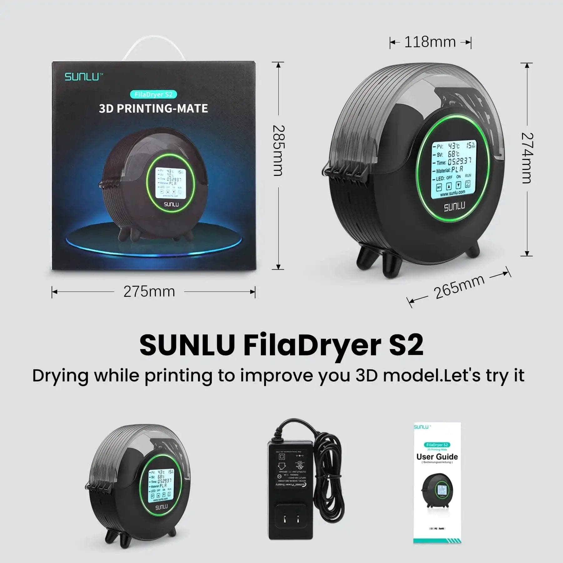  SUNLU Upgraded S2 Filament Dryer Box with Fan, 360° Heating,  Real-time Humidity Display, 3D Printer Filament Dehydrator for PLA, TPU,  PETG, ABS, ASA, 1.75 2.85 3.00mm, 1 Kg Spool : Industrial & Scientific