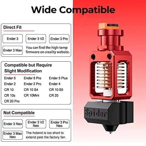 Creality Spider Hotend for Ender 3D PrintersFeatures: 
【All Metal Design, Up to 300 ℃ Printing】With scientific structure and material selection, the Spider 3.0 Pro All Metal Hotend Upgrade Kit can reach 300℃ tCreality Spider HotendBISS